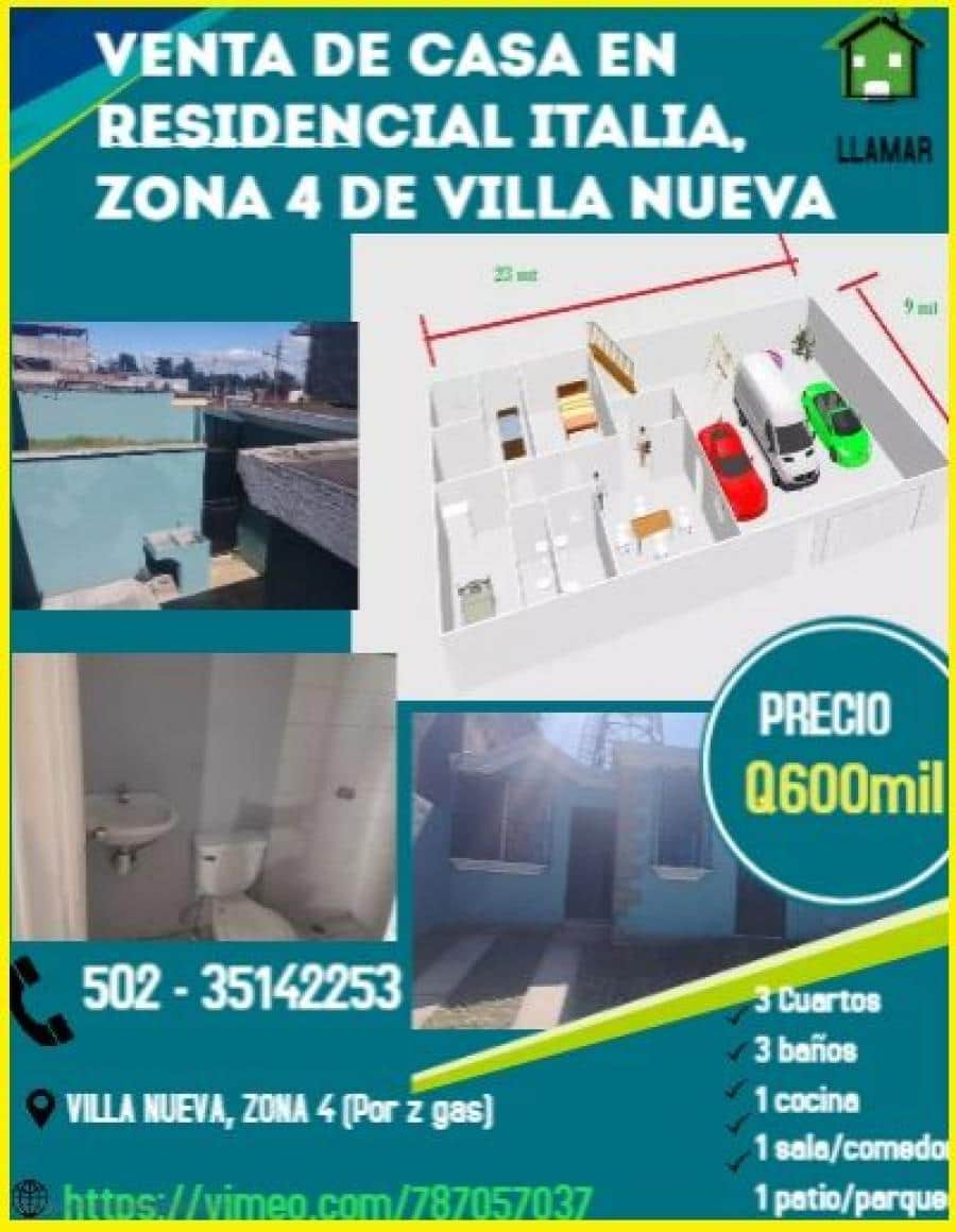 VENTA DE CASA EN RESIDENCIAL ITALIA, ZONA 4 DE VILLA NUEVA