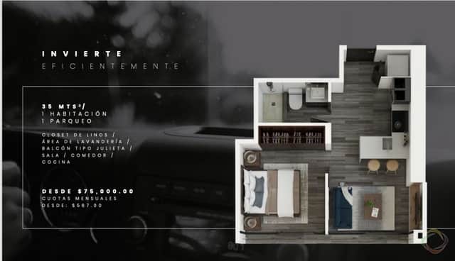 Apartamento en venta en Zona 10, Guatemala · 1 hab · 35 m²
