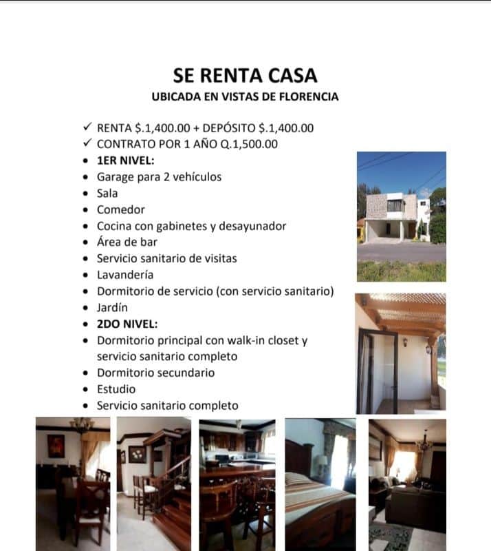 RENTA DE CASA AMUEBLADA EN VISTAS DE FLORENCIA CERCA DE FLORENCIA RUTA HACIA ANTIGUA GUATEMALA
