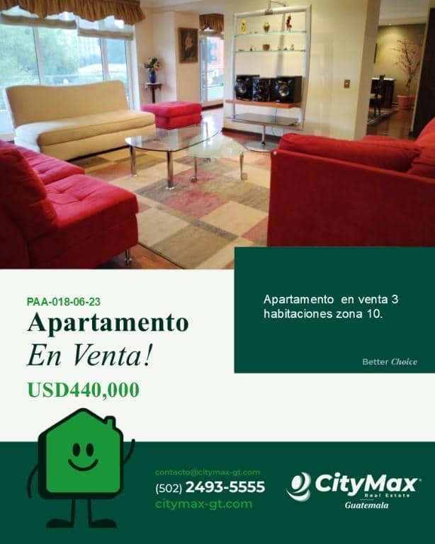 Apartamento en venta zona 10 con 3 habitaciones, Ciudad de Guatemala