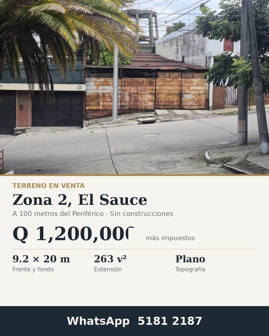 Terreno plano en venta, Zona 2 El Sauce, Ciudad de Guatemala