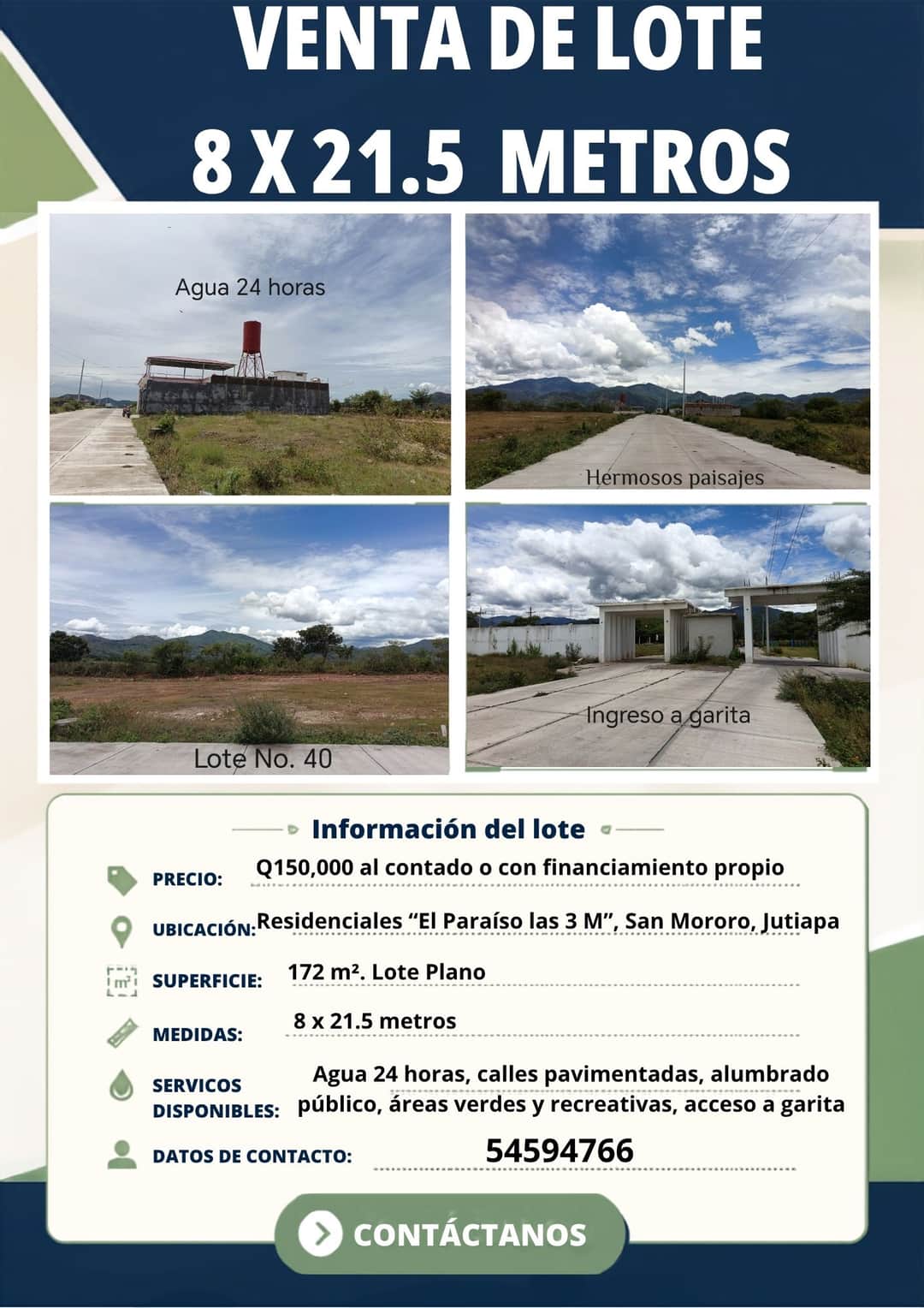 Lote plano de 172 m² con vista panorámica en San Mororo, Jutiapa
